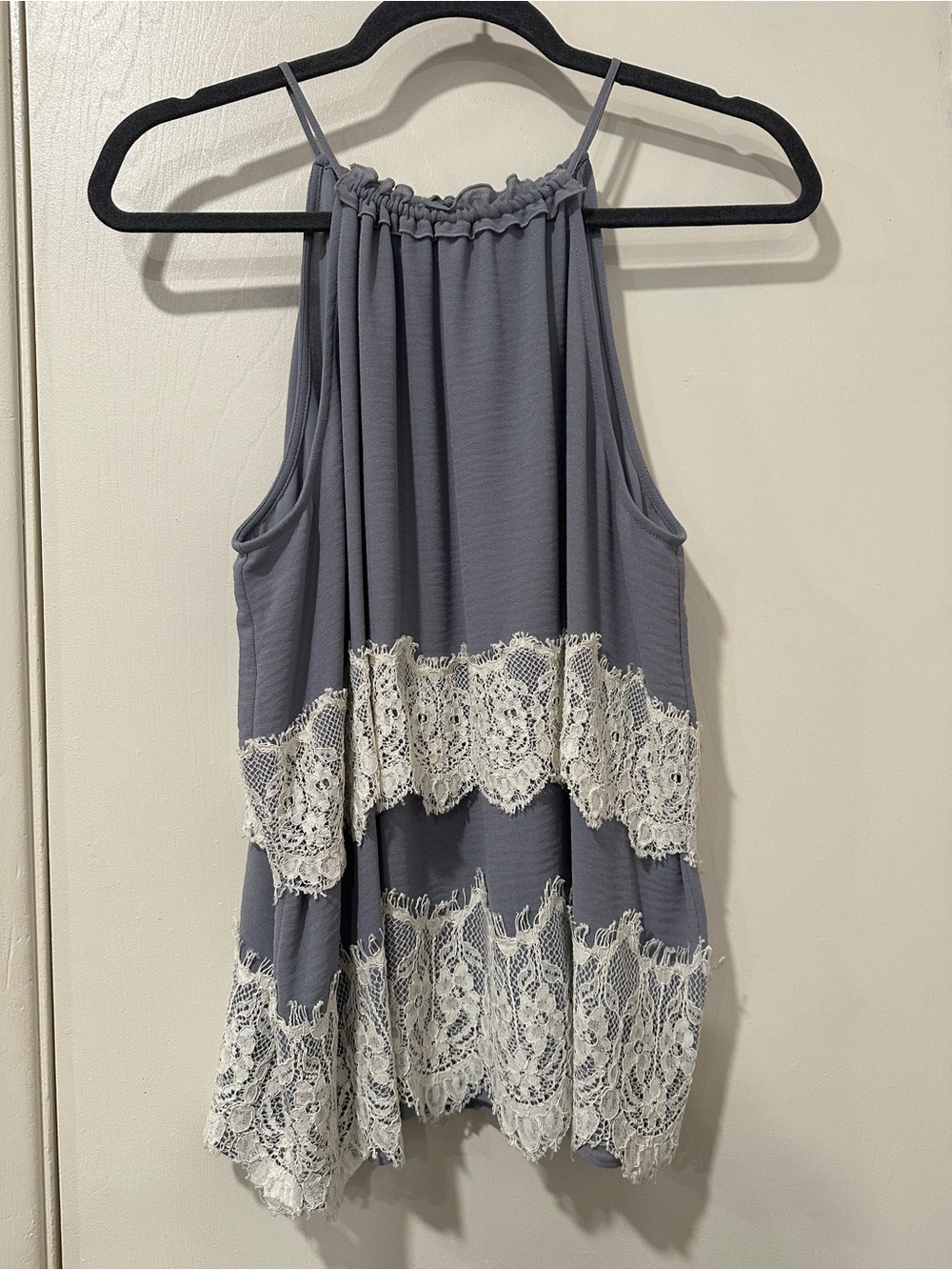 Women's Slate Blue Grey Lace-Trim Halter Tank Top—vintage looking Petite Medium
